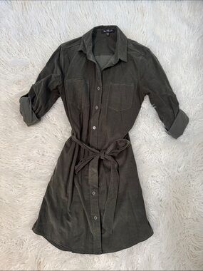 Velvet Heart Olive Button-Front Corduroy  Shirt Dress with Tie Belt